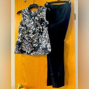 Talbots Black Women's Pants and Black and Gray Short Sleeve Button up Top. Set.